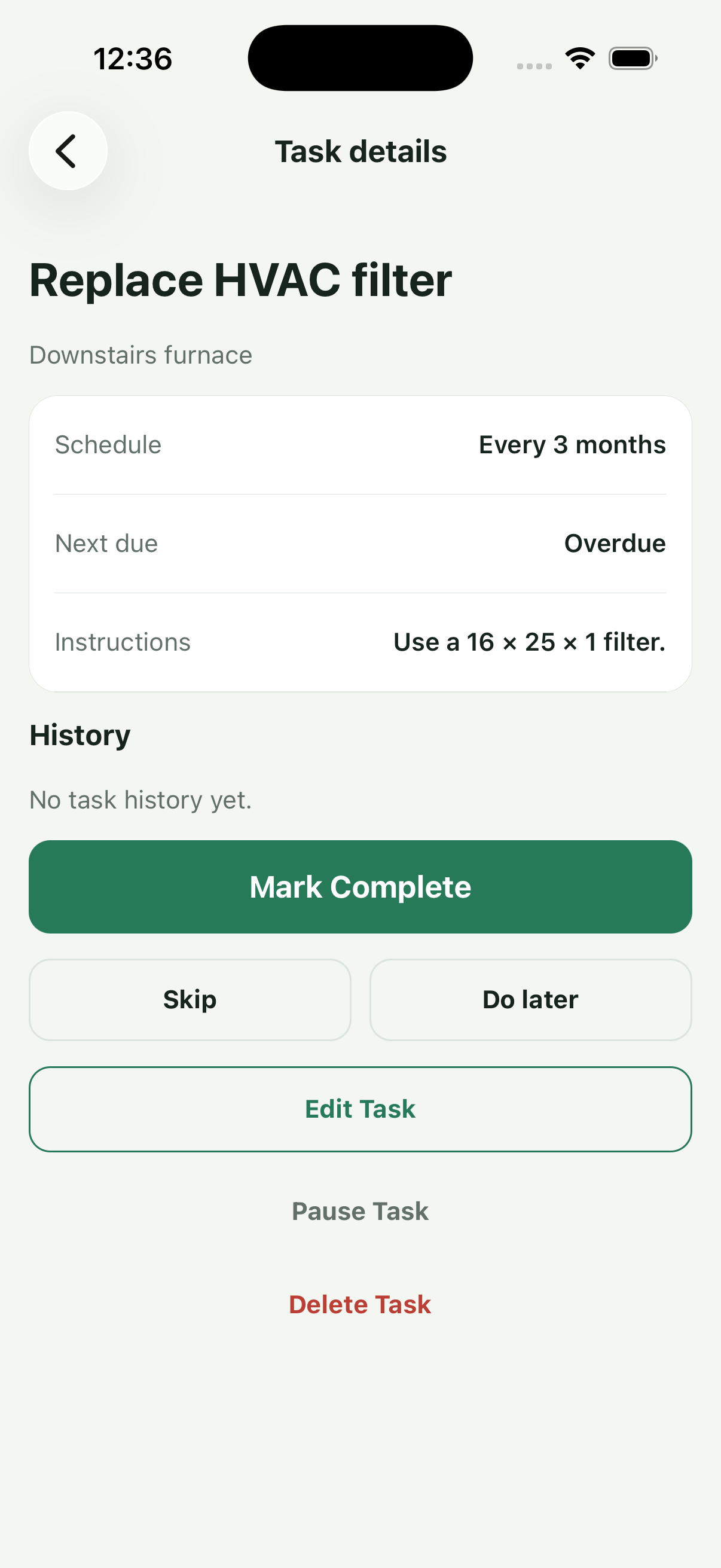 Maintenance task details and actions